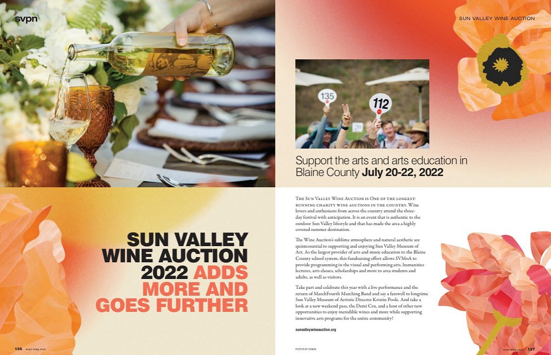 Sun Valley Wine Auction 2022, July 20-22, supports arts and education in Blaine County. Read about the Sun Valley Museum of Arts (SVMoA) biggest fundraising weekend of the year, say farewell to SVMoA’s long-time Artistic Director Kristin Poole, and get excited for MarchFourth Marching Band in the June SVPN Magazine! @sunvalleymuseum @svpnmagazine @marchfourthband @svwineauction #svpnmagazine #sunvalleymuseumofart #sunvalleywineauction #marchfourthmarchingband #supportartseducation #sunvalleyidaho #seeksunvalley #blainecountyidaho #artmatters #wineandart