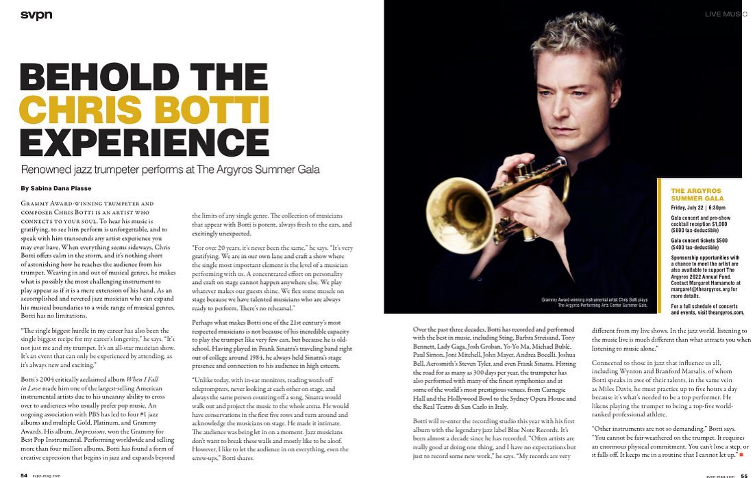 “Grammy Award-winning trumpeter and composer Chris Botti is an artist who connects to your soul,” writes Sabina Dana Plasse. Don’t miss the opportunity to see and hear Chris Botti perform while supporting an invaluable Sun Valley performing arts center at The Argyros Summer Gala on Friday, July 22, at 6:30pm. Read more in the July SVPN Magazine. @svpnmagazine @theargyros @chrisbottimusic @sabinadanaplasse #svpnmagazine #theargyros #chrisbotti #sabinadanaplasse #supportperformingarts #theargyrossummergala