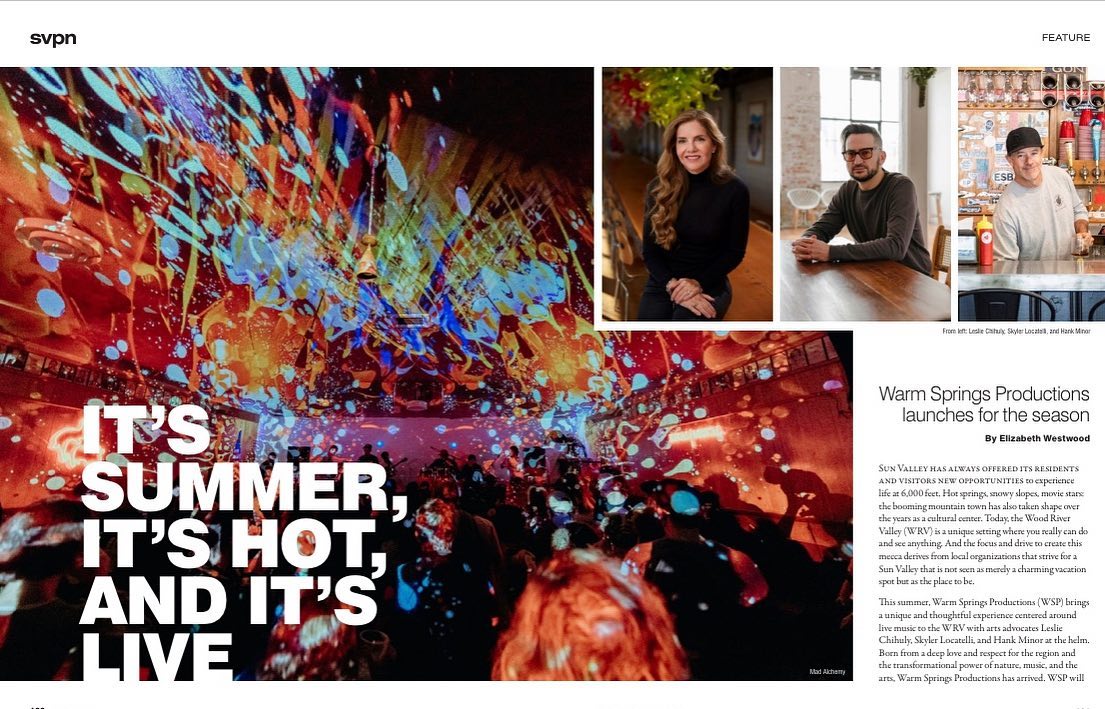 This summer, Warm Springs Productions (WSP) brings a unique and thoughtful experience centered around live music to the WRV with arts advocates Leslie Chihuly, Skyler Locatelli, and Hank Minor at the helm. Born from a deep love and respect for the region and the transformational power of nature, music, and the arts, Warm Springs Productions has arrived. Read more in the July SVPN Magazine. @svpnmagazine @wsproductionsllc #svpnmagazine #wsproductionsllc #sunvalleyidaho #musicandentertainment #livemusic
